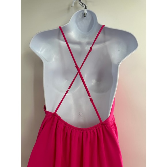 Lush Hot Pink Lasercut Strappy Crisscross Back Overlay Maxi Dress LargeNWOT - Picture 4 of 8